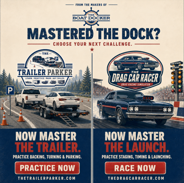 From the makers of The Boat Docker: choose your next challenge. The Trailer Parker &mdash; practice backing, turning and parking any trailer. The Drag Car Racer &mdash; practice staging, timing and launching.